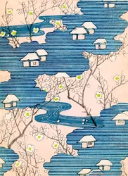 Padrão para um desenho de quimono: Casas de campo com rios e flores de cerejeira, c.1900 (impressão xilográfica a cores)