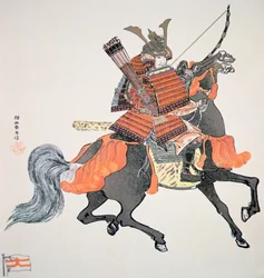 Samurai do Japão antigo armado com arco e flechas