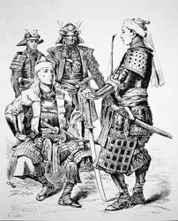Samurai do Velho Japão vestindo trajes e armaduras tradicionais (litho)