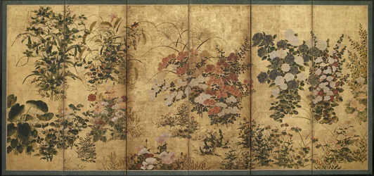 Flores de verão e outono, período Edo (cor sobre ouro no papel)