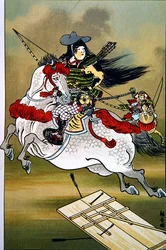 Tomoe, uma corajosa mulher guerreira do Japão durante os períodos Genji e Heishi (cor litho)