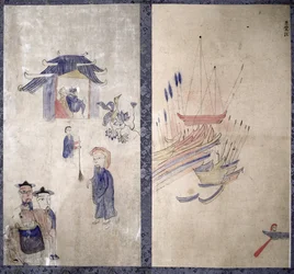 Um painel de uma tela de oito dobras representando uma história dos três reinos (pigmentos naturais sobre papel)