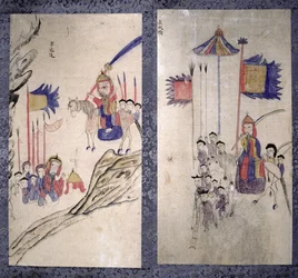 Um painel de uma tela de oito dobras representando uma história dos três reinos (pigmentos naturais sobre papel)
