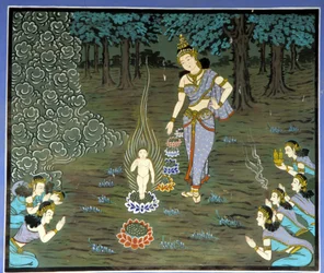 Nascimento de Buda. Fresco no Templo de Yongju, região de Suwon, Coreia.