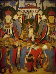 Buda e Bodhisattva acompanhados pelos seus guardiões, pintura em rolo, período Joseon (1392-1896), Coreia. Museu Nacional da Coreia, Seul, República da Coreia