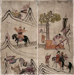 Dois painéis de uma tela de oito dobras representando "Uma história de três reinos" (pigmentos naturais sobre papel)