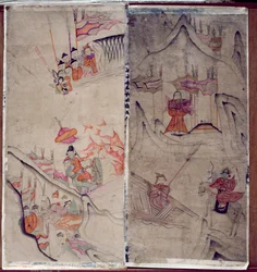 Dois painéis de uma tela de oito dobras representando "Uma história de três reinos" (pigmentos naturais sobre papel)