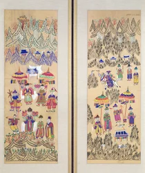 Dois painéis de uma tela de oito dobras representando "Pinturas de xamanismo" (cores sobre papel)