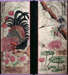 Dois painéis de uma tela de oito dobras representando pássaros e flores (pigmentos naturais sobre papel)