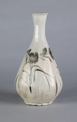 Vaso com crisântemo e desenho de casa, dinastia Choson (cerâmica)
