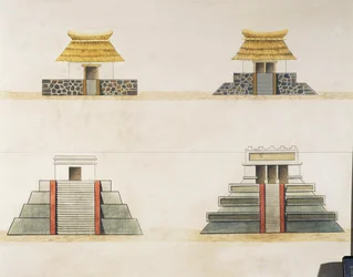 Reconstrução histórica de edifícios em Tenochtitlan (cor litho)