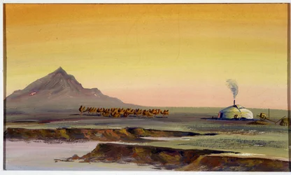 Manada de camelos e yurt, Mongólia - Mongólia Watercolian Watercolour