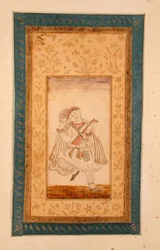 Um Sarangi dançarino, músico da quadra de Mughal, do Grande Álbum Clive (desenho colorido)