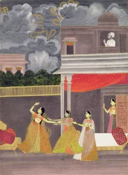 Uma senhora trazida de uma tempestade à noite: ilustração do modo musical Madhu Madhavi, c.1760 (gouache no papel)