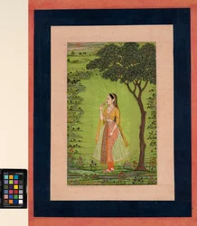 Uma mulher de pé ao lado de uma árvore, segurando uma flor, c.1720 (opaco w - ce dourado no papel)