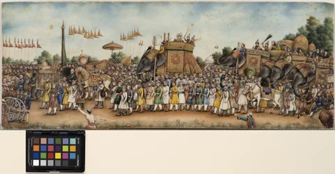 Akbar Shah II monta um elefante em uma enorme procissão, por volta de 1835 (aquarela opaca e ouro sobre marfim)