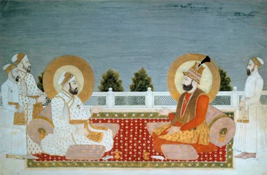 Arte indiana: representação de Muhammad Shah (1702-1748), imperador indiano, e Nadir Shah (1688-1747), xá do Irão. Miniatura da escola mogol, Muhammad Shah (1526-1858 d.C.), 0,21 x 0,31 m, Paris, Museu Guimet, Museu Nacional de Artes Asiáticas