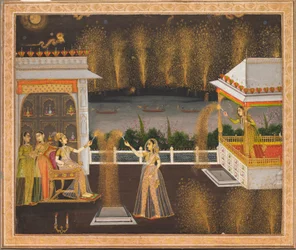 Senhoras a festejar o Diwali, c.1760 (aguarela opaca e ouro sobre papel)