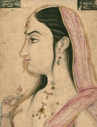 Lal Kunwar, favorito do 8º imperador mogol Jahandar Shah (falecido em 1125 AH - 1713 dC), miniatura mogol (papel com tinta, tinta e ouro montado em papelão)