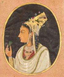 Retrato oval de uma mulher com um chapéu Chaghtai, c. 1740-50 (aquarela opaca e ouro sobre papel)