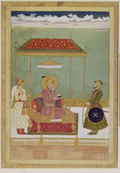 Retrato de Shah Aurangzeb com um homem, possivelmente Ashraf Khan, início do século 18 (aquarela opaca, tinta e ouro sobre papel)