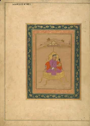 O terceiro imperador mogol Akbar sentado no trono real enquanto segura sua coroa