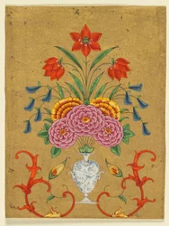 Vaso com arranjo de flores e enrolamentos, c. 1750-1800 (aguarela opaca com ouro sobre papel)