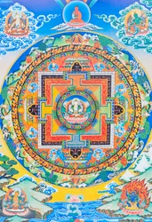 Chenresi mandala; a figura central retrata o Buda da compaixão, a manifestação celestial do Buda Amitava, sempre perto de seres sofredores (guache sobre tecido)