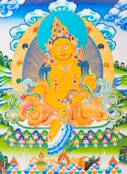 Imagem representando Dzambhala, o Dzambhala amarelo é a manifestação do Buda Ratnasambhava simbolizando a riqueza no mundo materialista (guache sobre tecido)