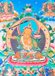 Imagem retratando Manjushree, o lendário criador do vale de Kathmandu (guache sobre tecido)