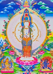 Imagem representando os mil braços Avalokiteshvara, os onze cabeças Avalokiteshvara com mil braços e 1022 olhos simbolizando a infinita compaixão (guache sobre tecido)