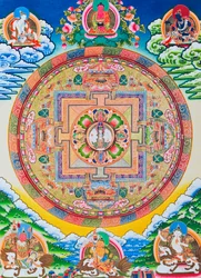 Mandala com mil braços Avalokiteshvara; o círculo sagrado e mágico representando os onze Bodissatva com cabeça simbolizando a infinita compaixão (guache sobre pano)
