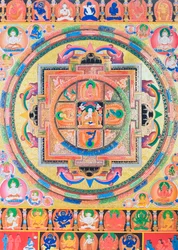 Panchabuddha Mandala, representando cinco formas de Buda, simbolizando cinco tipos de sabedoria (guache sobre tecido)