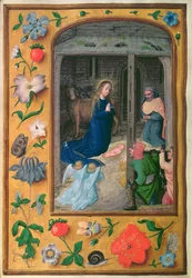 Adicionar 35314 f.25v Natividade, de um Livro de Horas, Bruges, c.1510-20 (pergaminho)