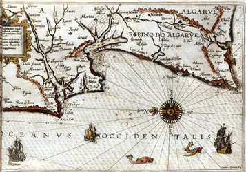 Cabo Sagres (ou Cabo Sagrado) no final de Portugal após o portulano de Luca J. Waghenaer Treesor de zeevaert impresso em Leiden em 1592