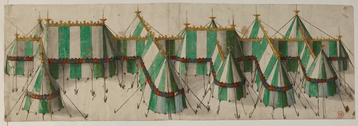 Algodão Augusto III, f.19 Design para um Pavilhão Real nas cores Tudor de branco e verde, dito ser para Henrique VIII no Campo do Pano de Ouro