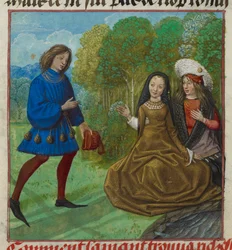 Harley 4425 f.90v O amante encontrando Richesse (Riqueza) do Roman de la Rose por Guillaume de Lorris e Jean de Meun, c. 1490-c. 1500 (velino)