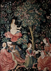 A cortina da vida Seigneuriale: Cenas Gallant Wool and silk tapestry feitas por volta de 1520 na Holanda. Sol 2,6x3,7 m Paris, museu nacional da Idade Média, Thermes de Cluny