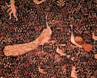 A cortina da vida senhorial: pormenor com aves e um pavão. Tapeçaria de lã e seda feita cerca de 1520 nos Países Baixos. 2,6 x 3,7 m, Paris, Museu Nacional da Idade Média, Termas de Cluny