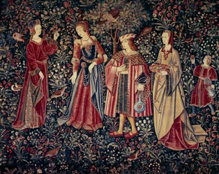 A cortina da Vida do Seigneuriale: o passeio Tapeçaria de lã e seda feito por volta de 1520 na Holanda. Sol 2,6x3,7 m Paris, museu nacional da Idade Média, Termas de Cluny