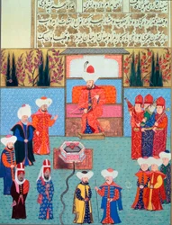 Sultão Orhan (Orkhan ou Urchan) I (1281-1360) tem a sua Corte Miniatura de "Hunername" de Lokman, vol. 1 (H 1523, f.7) 1584 Biblioteca do Museu Topkapi Sarayi Istambul