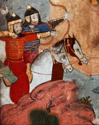 Os arqueiros do líder mongol Tamerlão (1336-1405) (ou Timur Lang, Timur, o Coxo) durante a Batalha de Ancara (Ancira ou Ankora), na qual os mongóis venceram o exército otomano em 20/07/1402. Pormenor. Biblioteca do Museu do Palácio de Topkapı, Istambul