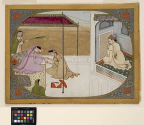 Um príncipe espionando os preparativos de sua amante, c.1800 (aquarela opaca e ouro sobre papel)