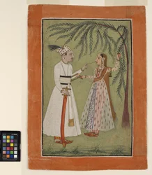 Uma régua puxando uma mecha de cabelo de uma senhora que se agarra a uma árvore, c.1705 (aquarela opaca e ouro sobre papel)