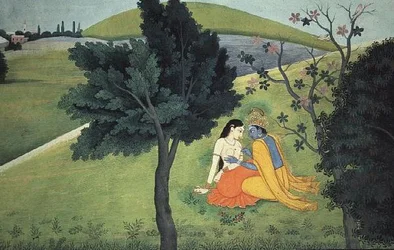 Krishna adornando o seio de Radha, da série «Gita Govinda», atribuído a Kushala ou Gaudhu, Kangra, Himachal Pradesh, c. 1780