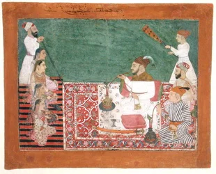 Rajah Deep Chand e amigos fumando um hookah, Bijapur, c.1760 (gouache no papel)