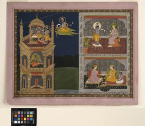Vishnu se aproxima de uma torre dourada em Garuda, c.1825 (aquarela opaca e ouro sobre papel)