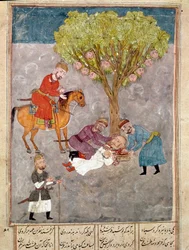 Arte islâmica: os inimigos são decapitados. Miniatura persa de um manuscrito do poema épico «Shahnameh» (Shah Nama, Shahnama) (Livro dos Reis) de Ferdowsi (Firdawsi, ou Ferdawsi, ou Firdousi, ca. 940-cerca de 1020), Biblioteca Nacional, Nápoles