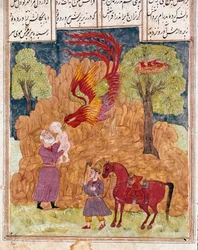 Arte islâmica: a fabulosa ave Simurgh, semelhante à fénix, transporta Zal, filho do rei Siyam, abandonado nas montanhas por não ser albino. Miniatura persa de um manuscrito do poema épico «Shahnameh» (Shah Nama, Shahnama), Livro dos Reis