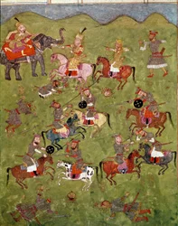 Arte islâmica: cena de batalha. Miniatura persa de um manuscrito do poema épico «Shahnameh» (Shah Nama, Shahnama) (Livro dos Reis) de Ferdowsi (Firdawsi, Ferdawsi ou Firdousi, ca. 940-cerca de 1020). Biblioteca Nazionale, Nápoles